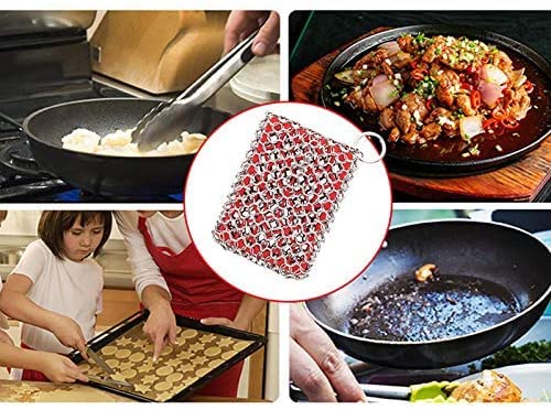 Cast Iron Cleaner,Stainless Steel Cleaner Chain Iron Scrubber with Silicone Insert,Chainmail Scrubber for Cast Iron Pans Cookware Skillet Dishwasher,Kitchen Tools Gadught (Cleaner Red)