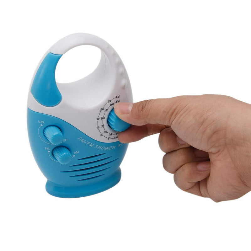 Shower Radio, AM/FM Button Bathroom Radio with Top Handle, Waterproof Hanging Shower Radio Speaker Adjustable Volume Music Player for Home Party Outdoor Travel Hiking(White & Blue) white & blue