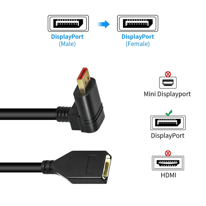 4K/60Hz 90 Degree Angle Displayport 1.2 Extension Cable Displayport Male to Female Displayport 1.2 Cable Cord 4K@60Hz,2K@144hz 0.3M/1FT M2F 1FT Model B