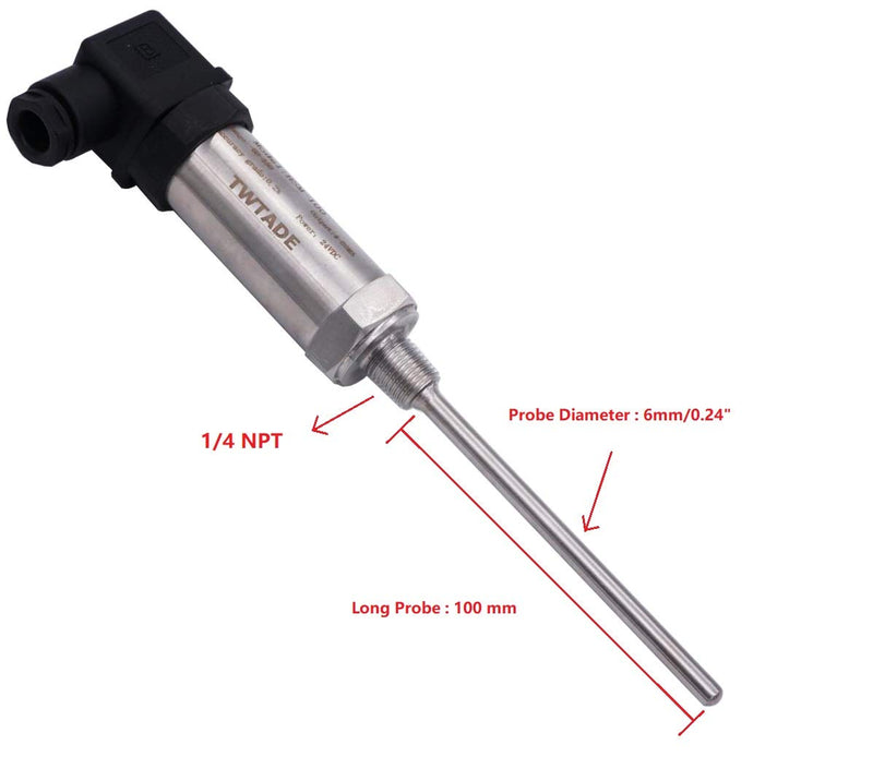 TWTADE Industrial Temperature Sensor Temperature Transmitter -50°C~+150°C, 2-Wire 4-20mA Signal Output 1/4" NPT, Male Thread, Probe Rod Length: 100MM 1/4"NPT-100MM