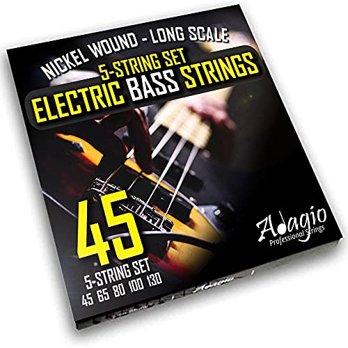 "5 String" Electric Bass Strings Light/Medium Gauge | Steel Core Set With Ball Ends | Best For Playing Power/Swing Bass Guitars (Five String Bass Guitar Strings Long Scale) - ADAGIO PRO