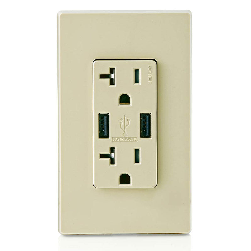 Leviton T5832-I 20-Amp USB Charger/Tamper Resistant Duplex Receptacle, Ivory 1 Pack