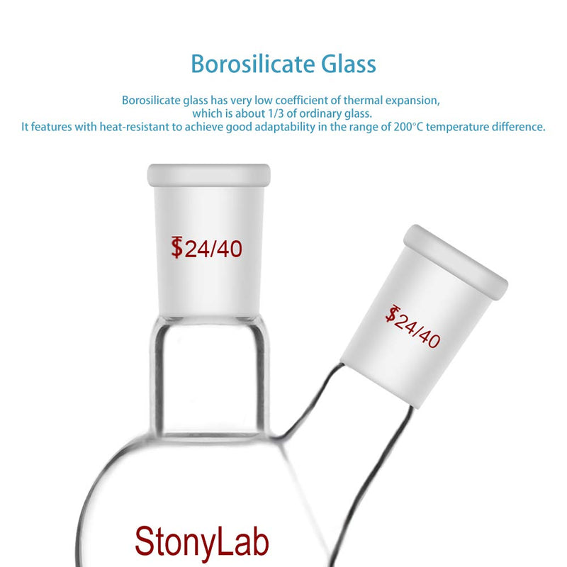 StonyLab Glass 100ml Heavy Wall 2 Neck Round Bottom Flask RBF, with 24/40 Center and Side Standard Taper Outer Joint - 100ml 100 ml