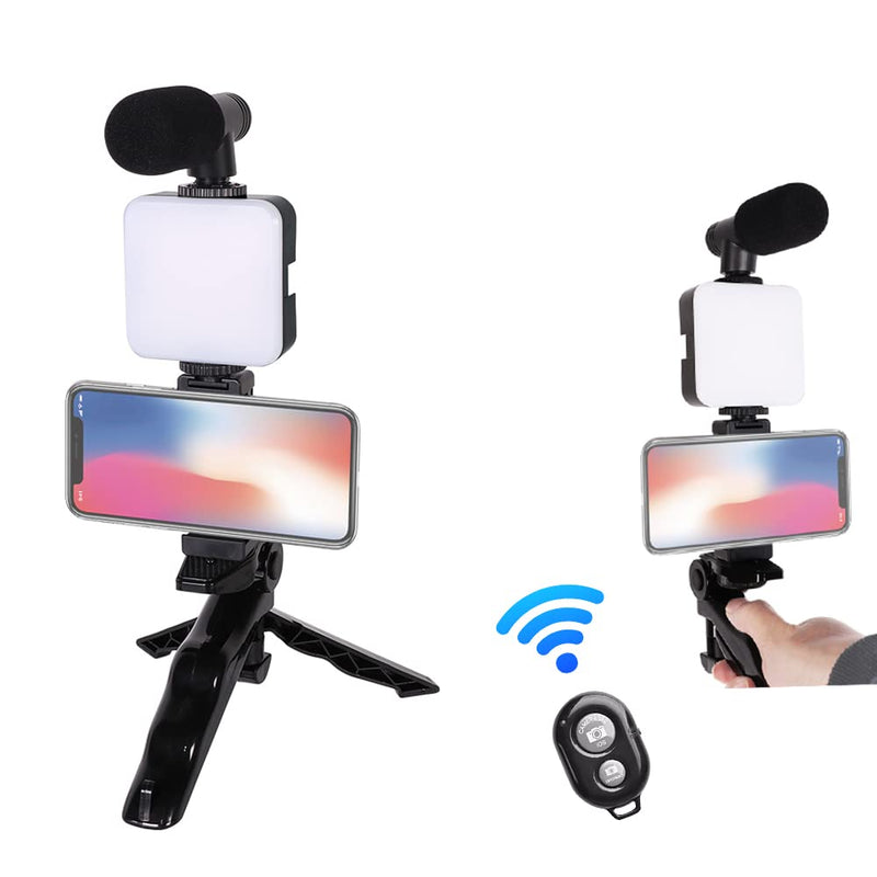 Samadex Video Microphone Vlogging Kit- Portable Studio Video Recording Microphone with Foldable mic Stand and Selfie Stick, Smartphone Camera Video Recording with 3 Brightness Level LED Light vlog