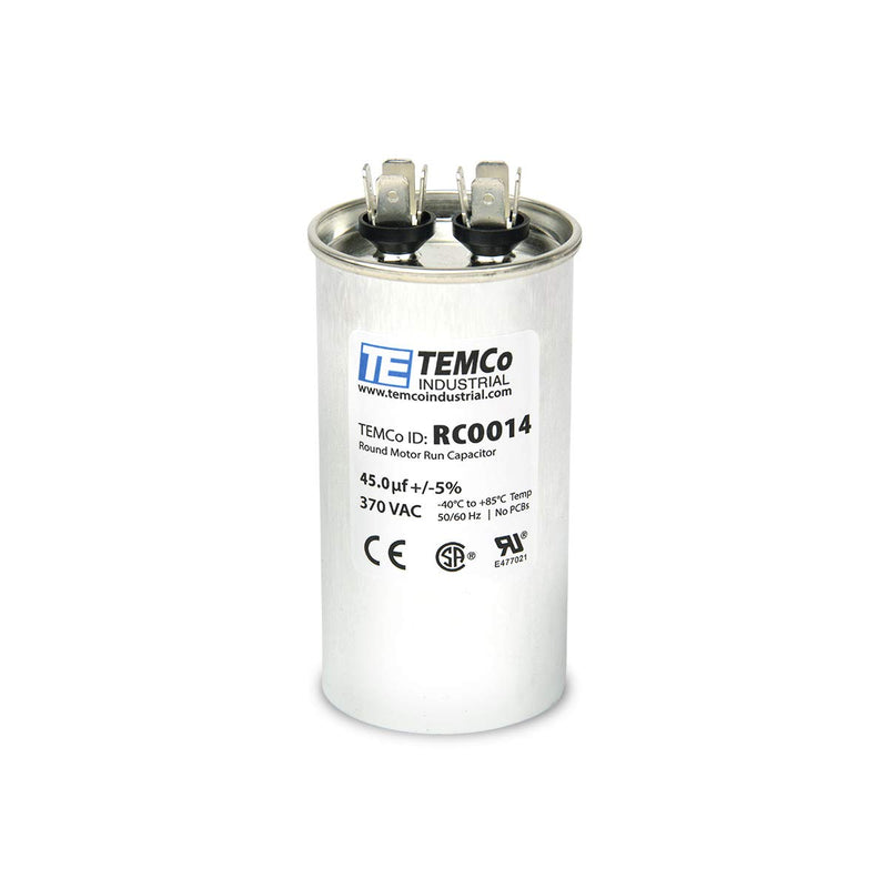 TEMCo 45 uf/MFD 370 VAC Volts Round Run Capacitor 50/60 Hz AC Electric - Lot -1 (Optional uf/MFD, Voltage and Lot Quantities Available) 45 uf (1 Pack)