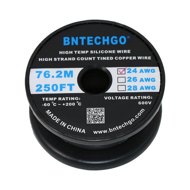 BNTECHGO 24 Gauge Silicone wire spool 250 ft Black Flexible 24 AWG Stranded Tinned Copper Wire silicone wire 250ft Silicone Wire Black