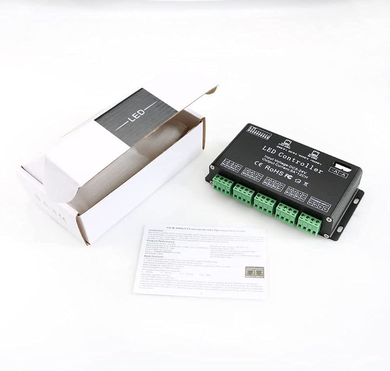 DMX 512 Decoder, Dimming Driver DMX512 Controller for LED RGB Tape Strip Light RJ45 Connection DC5-24V 5A/CH (12 Channel) 12 Channel