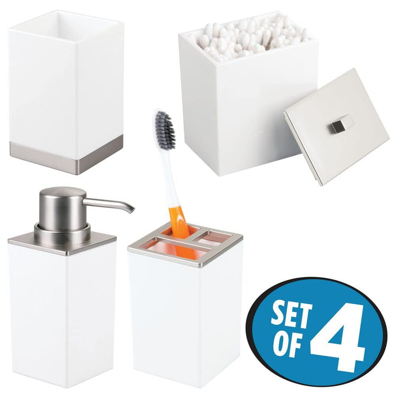mDesign Plastic Bathroom Storage Jars, Vanity Decor Accessory, Countertop Organizers; Soap Dispenser, Toothbrush Holder, Toothpaste Caddy, Rinsing Cup; Lumiere Collection - Set of 4 - White/Brushed