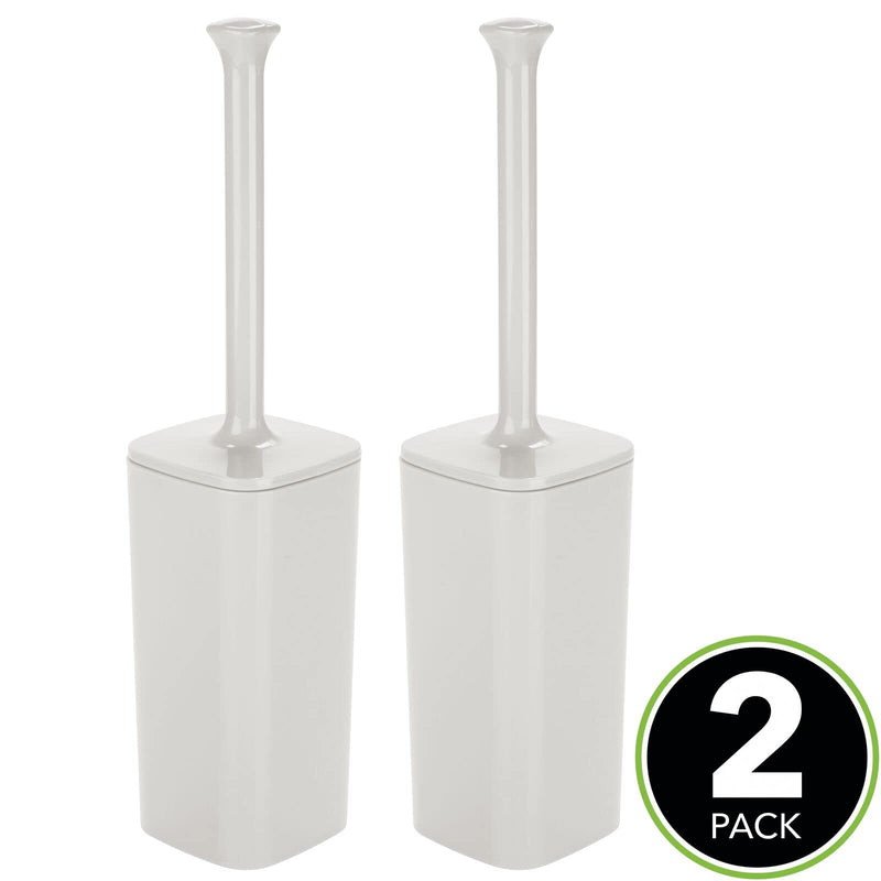 mDesign Modern Square Plastic Toilet Bowl Brush and Holder for Bathroom Storage and Organization, Compact Free-Standing Design, Covered Brush - Sturdy, Deep Cleaning, 2 Pack - Light Gray