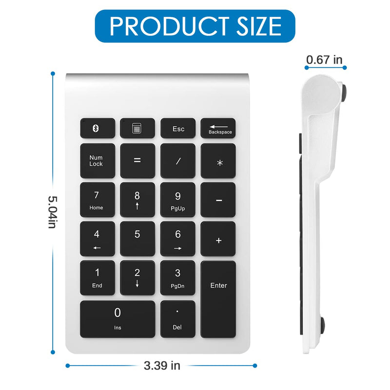 Foloda Bluetooth Number Pads for Laptop: 22 Keys Wireless Financial Accounting Numeric Keypad, External 10 Keys Numpad Keyboard for Computer Surface Pro Notebook,Desktop Silver Black
