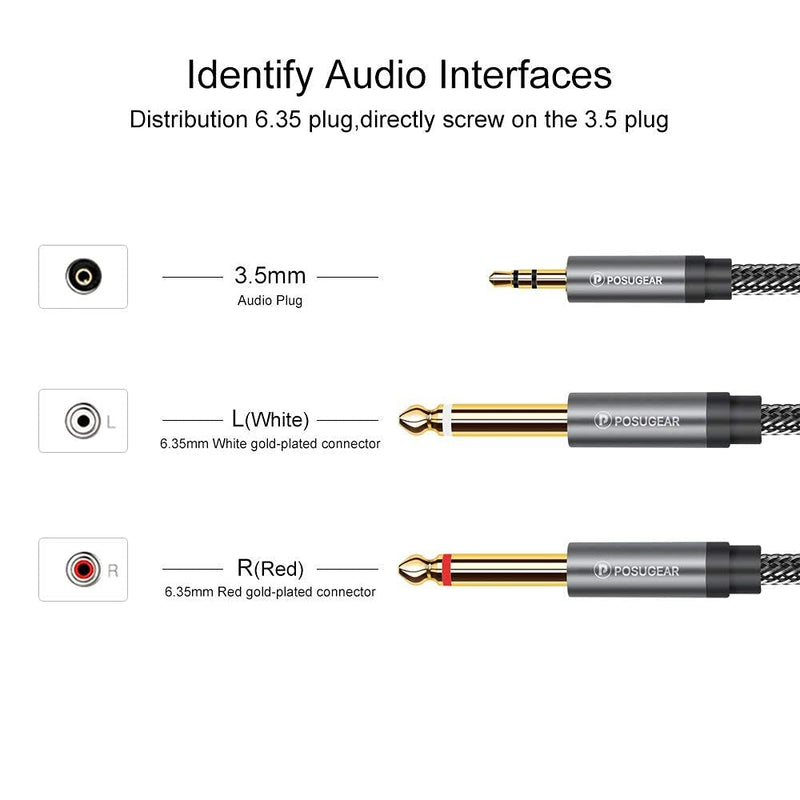 3.5mm to 6.3mm Mono Cable 2m, POSUGEAR 1/4 to 1/8 Inch Male to Male Audio Splitter Nylond Braid and Gold-Plated Cable, Digital Interface Instrument Cable for Mixer, Audio Recorder, Guitar, Amplifier