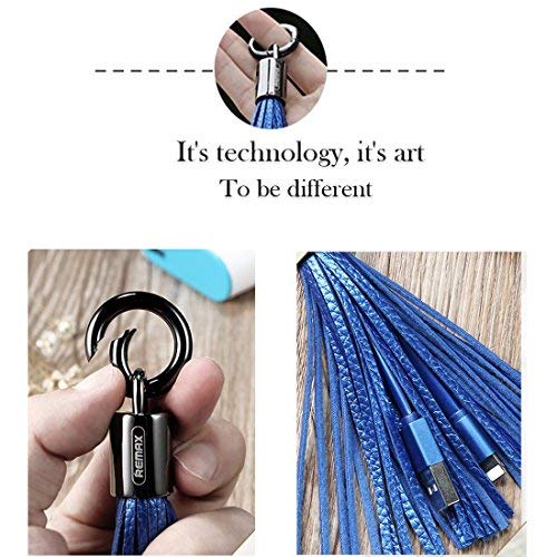 Lightning to USB Keychain Cable Leather Tassel with 7-Inch 2.4 Amp Lightning ChargeSync Cable for iPhone, iPad (Black Blue) L-Blue Black