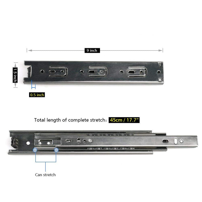 URBEST Drawer Slides 9 Inch Full Extension 3 Sections Ball Bearing Telescopic Slide Rails (9Inch)