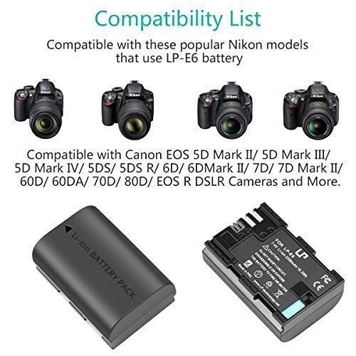 LP-E6 LP E6N Battery Charger Pack, LP 2-Pack Battery & Dual Charger Compatible with Canon EOS 90D, 80D, 70D, 60D, 60DA, 7D Mark II, 7D, 6D Mark II, 6D, 5D Mark IV, 5D Mark III, 5D Mark II, R, R5 &More 2 Batteries and Charger