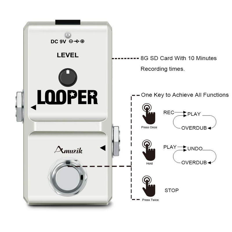 [AUSTRALIA] - Amuzik Tiny Looper Effect Pedal Loop Pedal for Electric Guitar, Guitar Effects Pedal, 10 Minutes of Looping Unlimited Overdubs 8G SD Card inside easy and quick white looper 