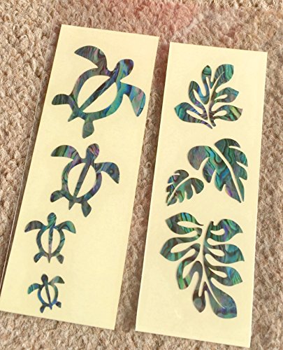 Inlay Stickers for Ukuleles - Honu Family & Tropical Monstera Leaves - Abalone Blue Set