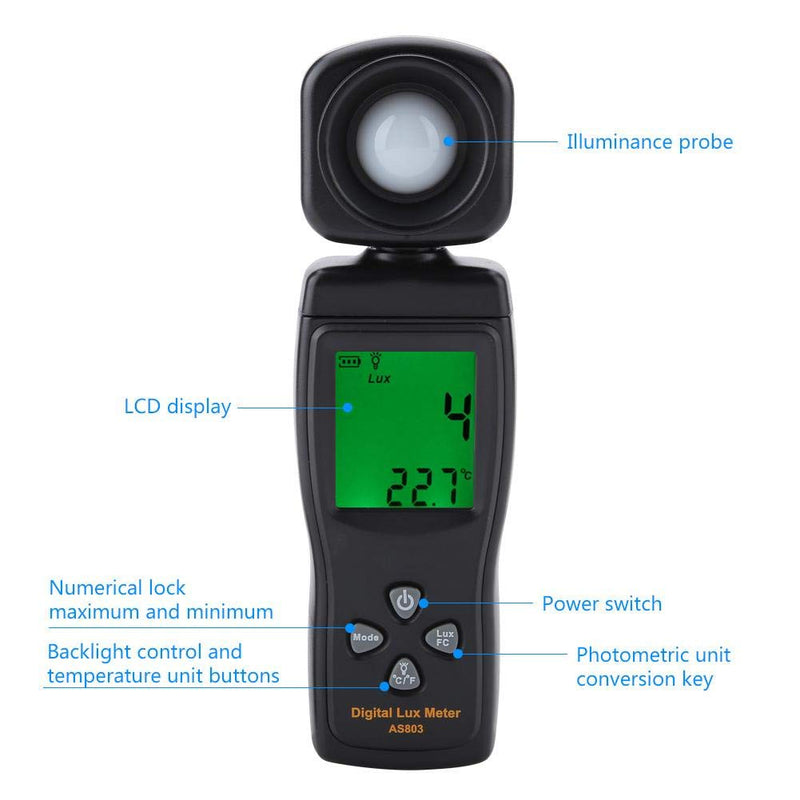 Smart Sensor AS803 Adjustable Mini Digital Luxmeter Light Meter -10~50 with LCD Display, Rope, Cover