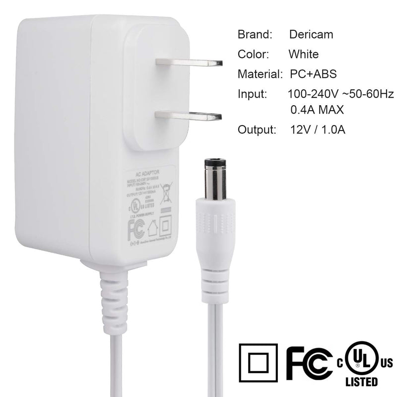 Dericam 12V 1A DC Power Supply Adapter for IP/CCTV Security Camera, 5ft/1.5 Meter AC to DC Power Cord, Wall Charger, Output DC 12V 1000mA, Input AC 100V-240V/50 or 60Hz/0.4A Max, US Plug, White