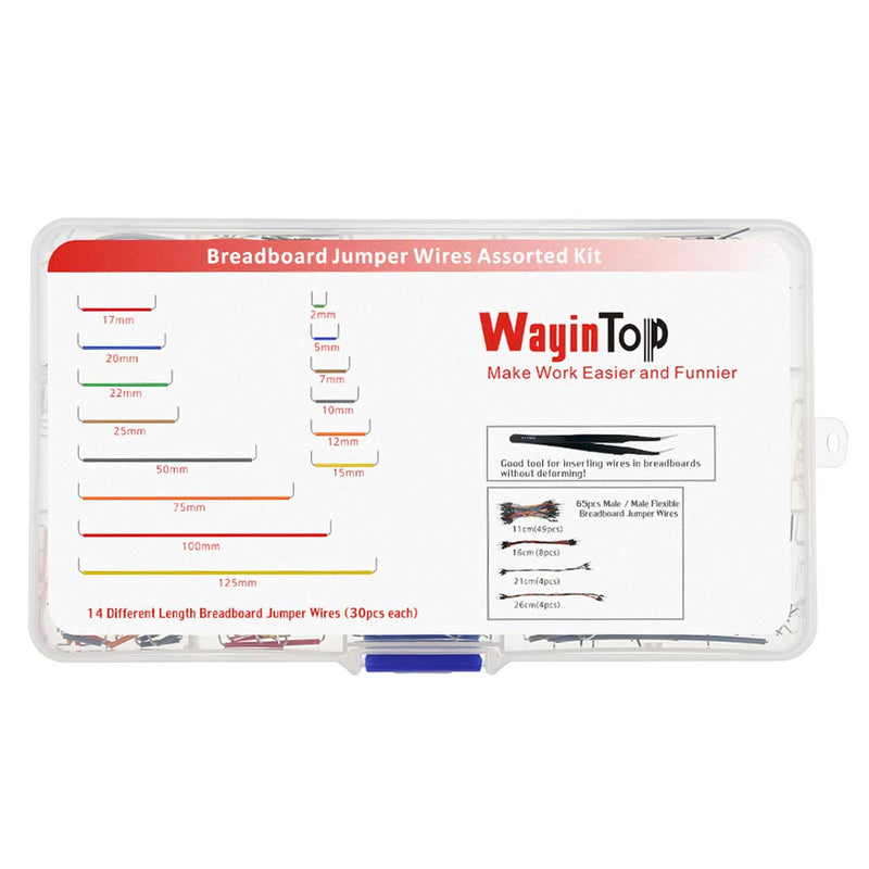 WayinTop Jumper Wire Kit, Preformed Breadboard Jumper Wire 14 Lengths Assorted + Solderless Flexible Breadboard Jumper Wires Male to Male + Tweezer for Breadboard Prototyping
