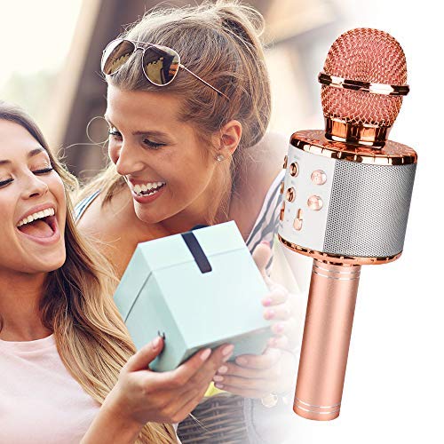 Qoosea Karaoke Microphone for Adults Kids Bluetooth Wireless House Party 2200mAh Rechargeable 4 in 1 Carpool Karaoke Microphone Portable Microphone with LED Light Rose Gold