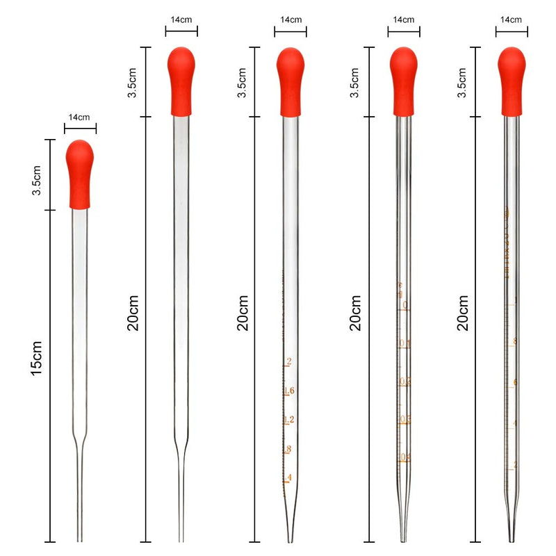 StonyLab Glass Dropper Pipettes Set, Thick Borosilicate Glass Dropping Pipettes Liquid Transfer Set with Red Rubber Caps for Lab, Set of 10 (Graduated 0.5ml, 1ml, 2ml; Non-Graduated 1ml, 3ml)