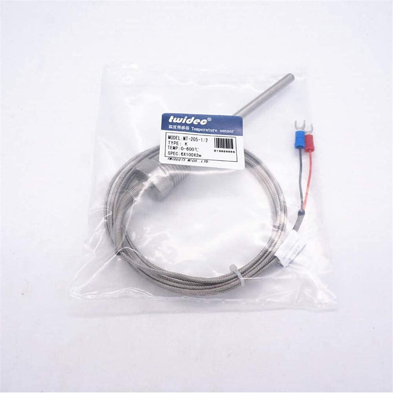 Twidec/2M NPT 1/2"inch (6X100MM) Pipe Thread Temperature Sensor Probe Two Wire Temperature Controller (0~600℃) 304 Stainless Steel K Type Thermocouple MT-205-1/2 1/2" 6x100mm