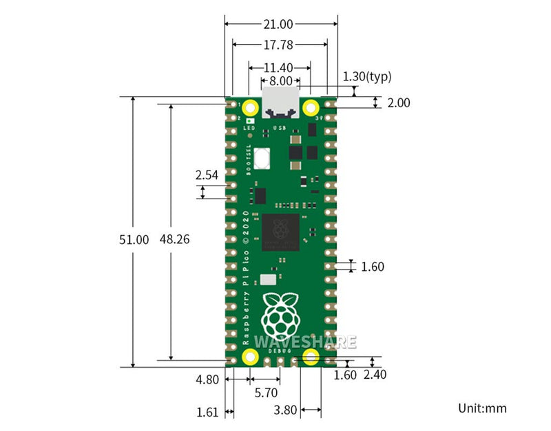 Coolwell Raspberry Pi Pico Board with Pre-soldered Header Flexible Microcontroller Board Based The Raspberry Pi RP2040 Chip Featured Dual-core ARM Cortex M0+ Raspberry-Pi-Pico with Header