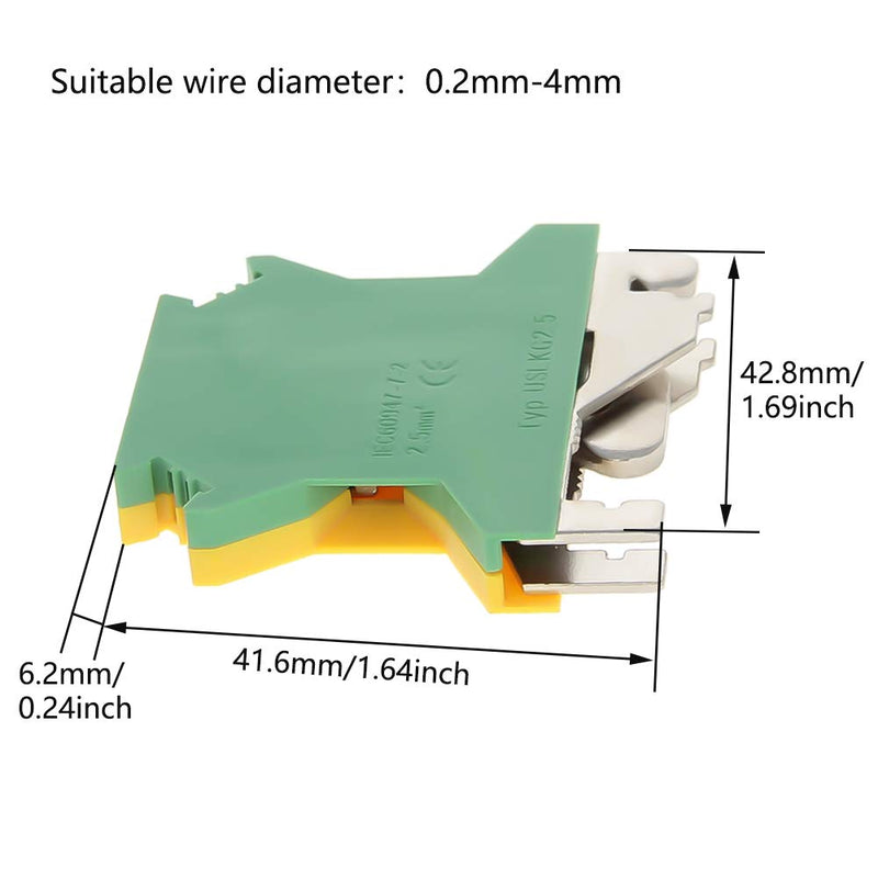 Heyiarbeit 10 Pcs USLKG DIN Rail Mounted Ground Circuit Connection Terminal Block Yellow Green