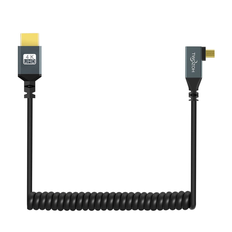 Twozoh Left Angled Coiled Micro HDMI to HDMI Cable, Micro HDMI to HDMI Coiled Cable 90°Degree Stretched Length 30cm to 150cm - Supports 3D/4K 1080p(5FT) Left Angled Micro to HDMI