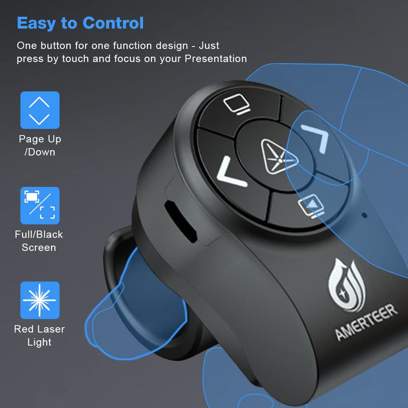AMERTEER Bluetooth Wireless Presenter, RF 2.4GHz Presentation Clicker, Finger Ring Remote PowerPoint PPT Slides Rechargeable BT