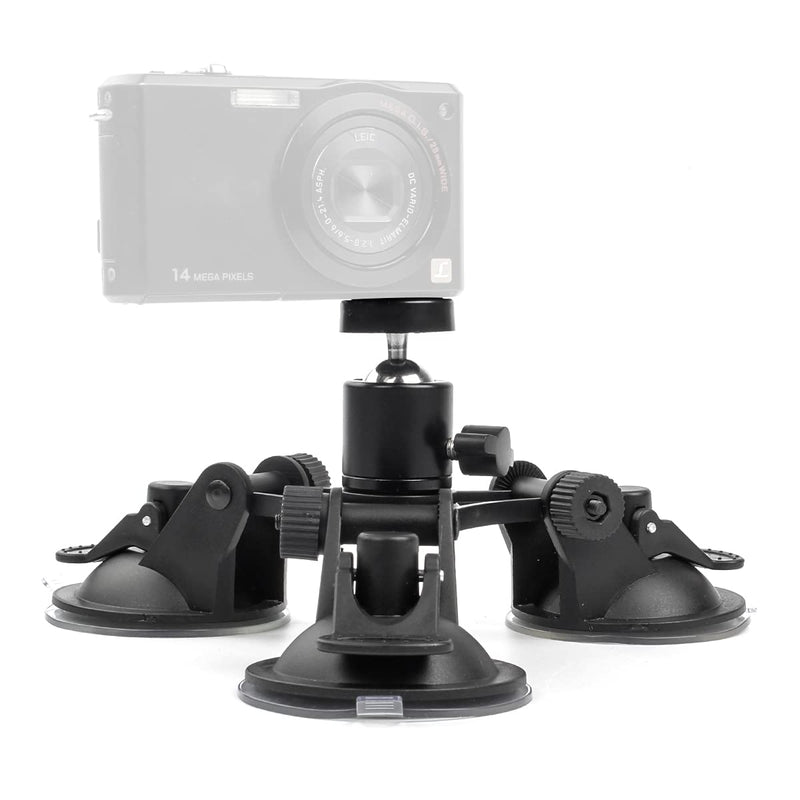 [AUSTRALIA] - Camera Mount for Car - Camera Suction Mount - Car Mount Triple Suction Cup Mount with 1/4 Threaded Head 360 Degree Tripod Ball Head Black B 