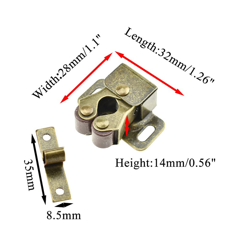Hahiyo Double Roller Catch Door Latch Shorter Foot Cold Rolled Steel Stay Put Smooth Close No Squeak Noise Cold No Enter Easy Position Sturdy Spring for Kitchen Closet with Screws 9sets Bronze 0.56''Bronze-9Sets