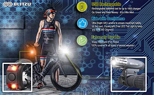 BLITZU Bike Lights Front and Back, Bicycle Accessories for Night Riding, Cycling. Reflectors Powerful Rechargeable Headlight and Taillight Rear LED Safety Light Set for Kids Adults Mountain Bikes