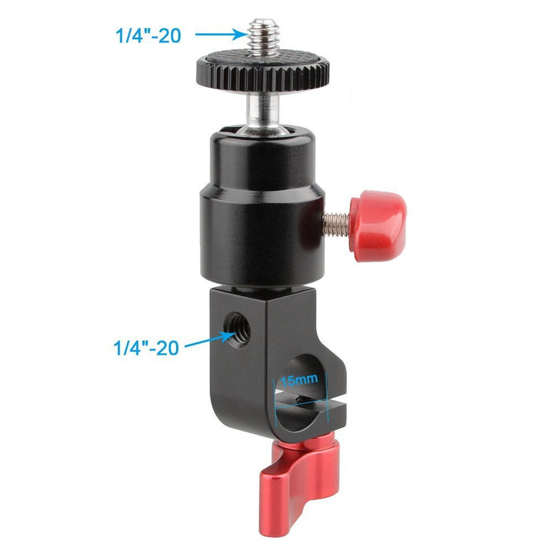 CAMVATE 15mm Rod Clamp & Ball Head Mount Adapter with 1/4"-20 Thread to Attach DIY Accessories(Red, 2 Pieses)