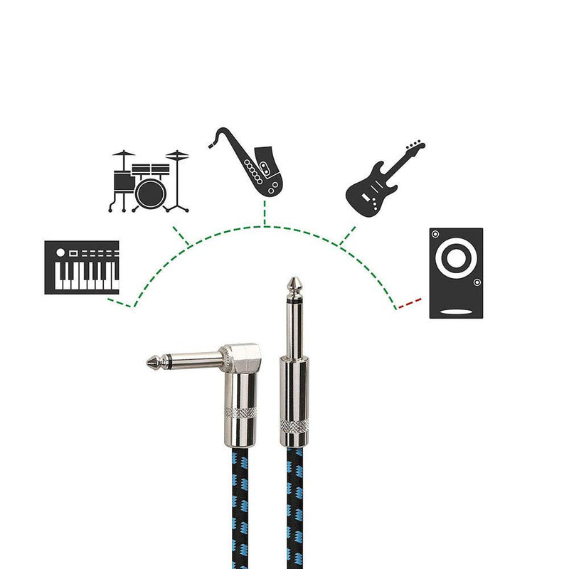 [AUSTRALIA] - 10FT Guitar Patch Cable Guitar Effect Pedal Noiseless Cables - Right Angle 1/4 Inch TS to Straight 1/4 Inch TS Black Blue Cloth Jacket 