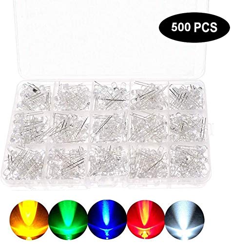 Yakamoz 500Pcs Ultra Bright 5mm LED Light Emitting Diode Assorted Kit for Arduino DIY Indicator Lamp Lighting Bulb Electronics Components Parts Set | 5 Colors White/Red/Yellow/Green/Blue 100P