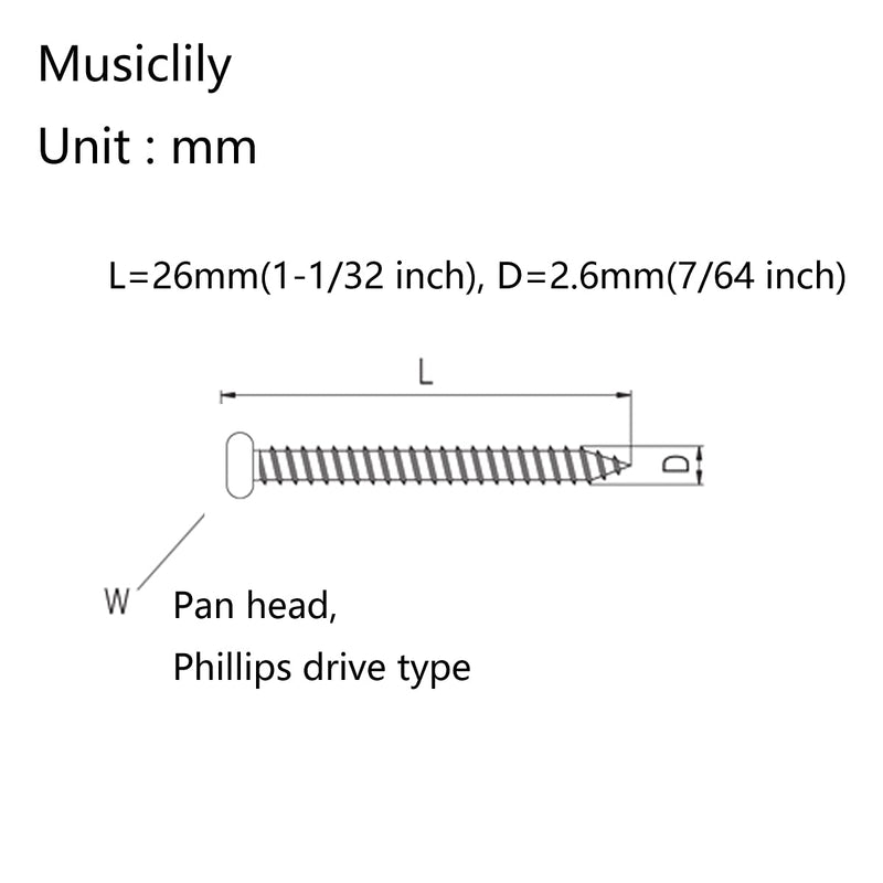 Musiclily Basic 2,6x26mm Metal Metric Thread Guitar Pickup Wood Mounting Screws for Single Coil/Humbucker Pickups, Black(Set of 20)