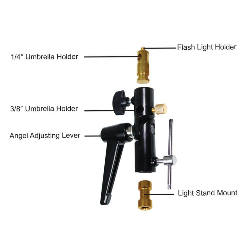 Light Stand/Flash Shoe Bracket Mounts with Multi Functional Umbrella Reflector Insert Hole Holder, Light Stand Mount, 1/4" Screw Stud, 1/4" 3/8" Female Screw Adapter Thread Brass Photography Studio