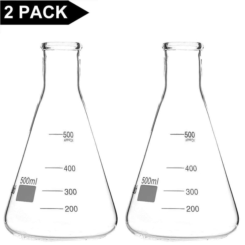 stonylab 2-Pack Glass 500ml Heavy Wall Narrow Mouth Erlenmeyer Flasks with Heavy Duty Rim (500ml Fits with stonylab 7# Rubber Stopper) 500 ml