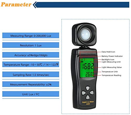 Digital Lux Meter, Illuminometer, Photometer, 0～200,000 Lux Measure Range, Lux/FC Unit Selection for Homes, Agriculture, Warehouses, Farms, Stage, Stadiums(Battery NOT Included)