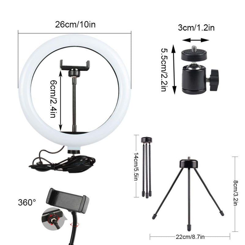 LED 10" Ring Light With Stand and Phone Holder,Desktop Circle Lamp with Tripod Mount For YouTube Video,Live Streaming, Makeup, Photography,Selfie,Shooting with 3 Lighting Modes & 10 Brightness Levels