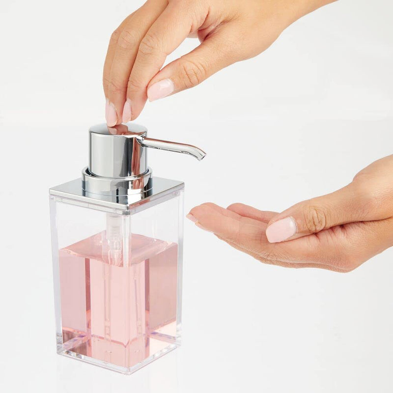 mDesign Plastic Bathroom Storage Jars, Vanity Decor Accessory, Countertop Organizers; Soap Dispenser, Toothbrush Holder, Toothpaste Caddy, Rinsing Cup; Lumiere Collection - Set of 4 - Clear/Chrome