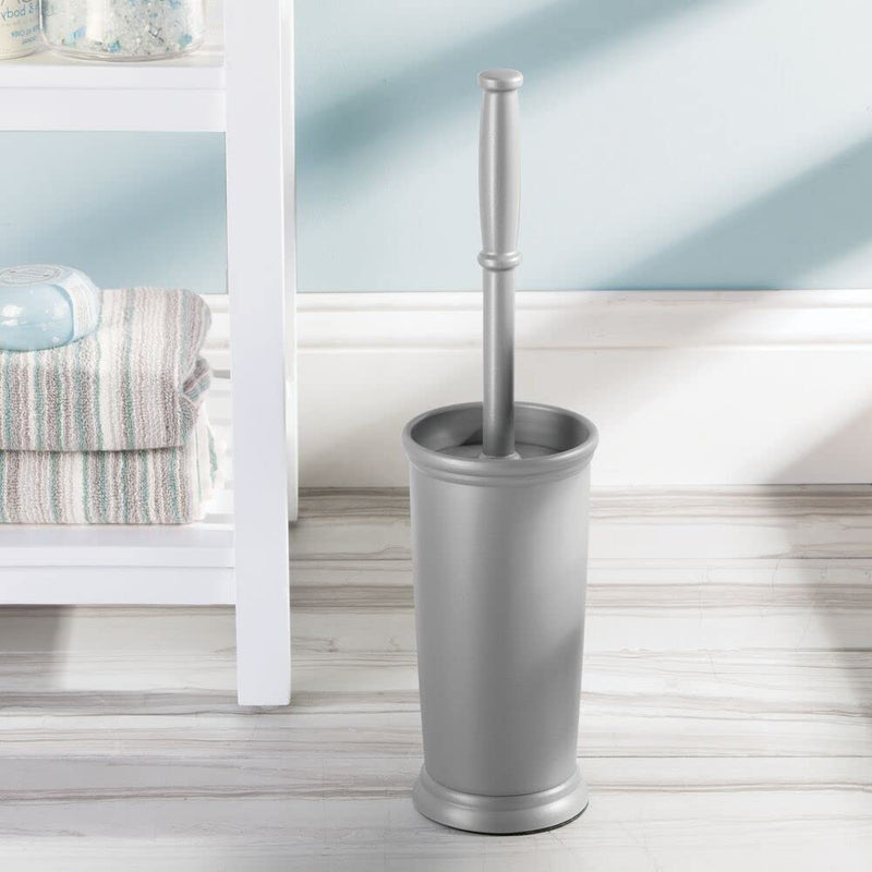 mDesign Compact Freestanding Plastic Toilet Bowl Brush and Holder for Bathroom Storage and Organization - Space Saving, Sturdy, Deep Cleaning, Covered Brush - Gray