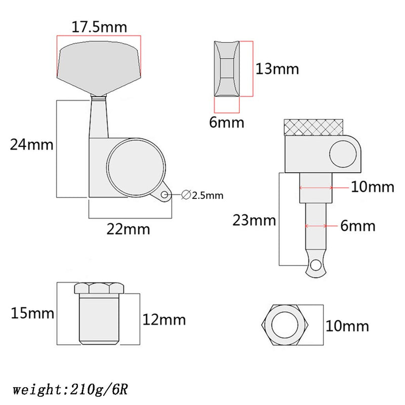 Alnicov 6R Inline Locked String Guitar Tuning Pegs keys Tuners Machine Heads Tuners Keys,Black
