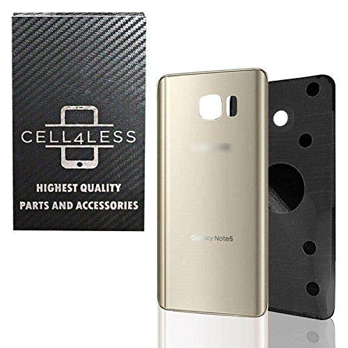 CELL4LESS Compatible with Galaxy Note 5 Replacement Rear Back Glass Back Cover w/Camera Lens, Custom Removal Tool & Pre-Installed Adhesive - Fits N920 Models - 2 Logo (Gold) Gold