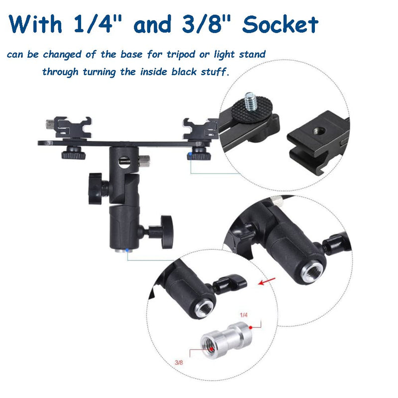 Diyeeni Camera Flash Brackets, Speedlight Mount Dual Hot Shoe Speedlight Stand, 1/4" to 3/8'' Umbrella Holder Light Stand Bracket for Photo Video Photography