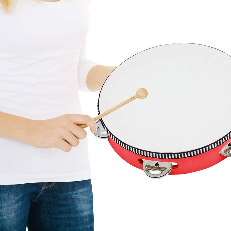 2 Pieces Handheld Tambourine, Uspacific Red Tambourines with Jingel Bells, Kids Adults Educational Musical Percussion Toy for Party Dancing Games