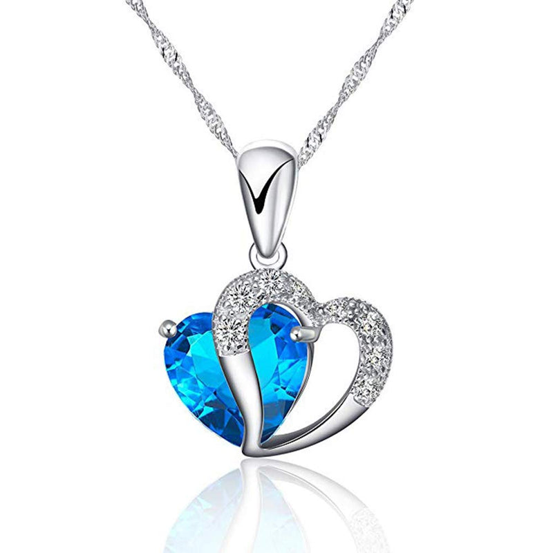 Goldenchen Fashion Jewelry Silver Plated Necklace Chain and Blue/Purple Heart Pendant – Handmade with Sparkling Double Heart Silver and Crystal-Like Pendant Necklace (Blue)