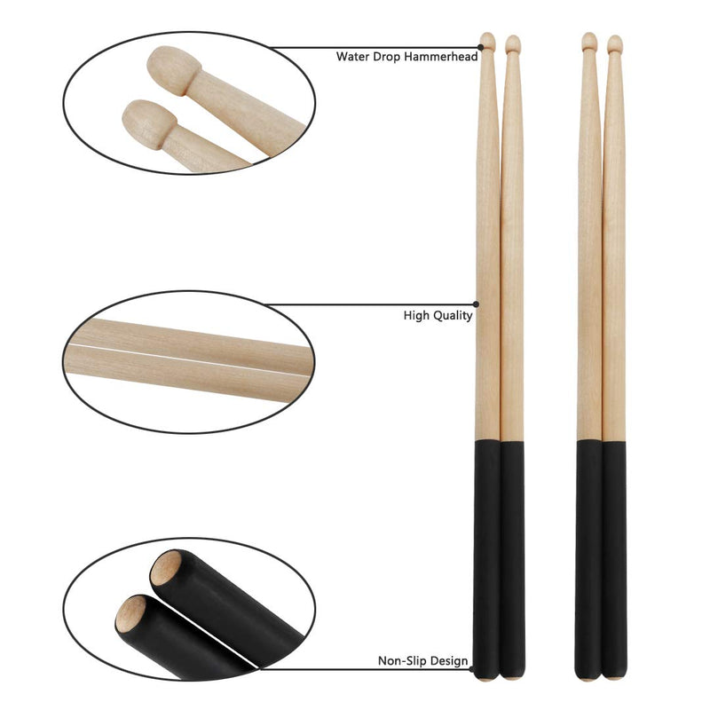 Vetoo Drum Sticks 5A, 2 Pair Non-Slip Drumsticks Classic Maple Wood Tip Drumstick for Students and Adults (Black + Black) Black + Black