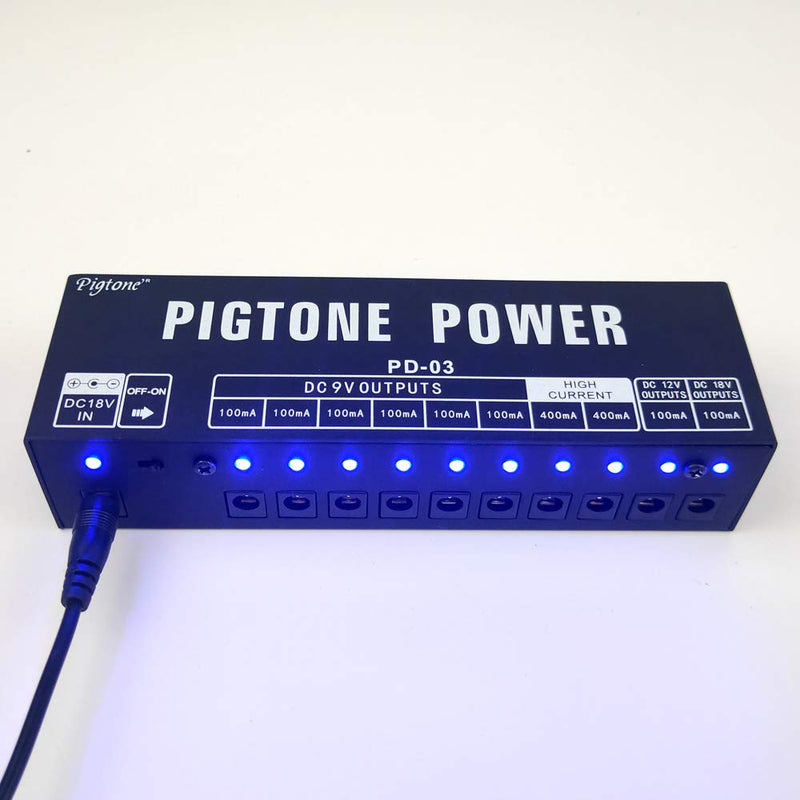 Pigtone Guitar Effect Pedal Power Supply 10 Independent DC Outputs Suitable for 9V/12V/18V 100mA 400mA Short Circuit and Over Current Protection PD-03